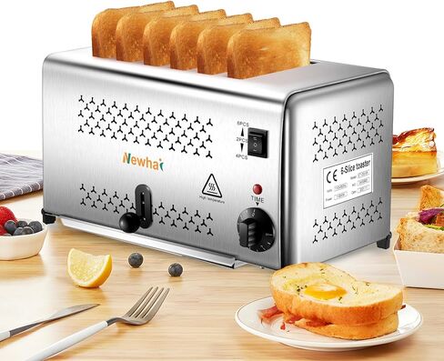 محمصة خبز تجارية من الفولاذ المقاوم للصدأ من نيوهاي، 6 شرائح خباز، فتحة واسعة 0.6 بوصة مع 5 إعدادات للظل وصينية فتات قابلة للإزالة للمطعم 110 فولت in Kuwait
