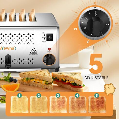 محمصة خبز تجارية من الفولاذ المقاوم للصدأ من نيوهاي، 6 شرائح خباز، فتحة واسعة 0.6 بوصة مع 5 إعدادات للظل وصينية فتات قابلة للإزالة للمطعم 110 فولت in Kuwait