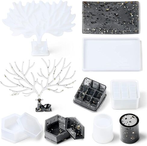 ISSEVE Silicone Epoxy Resin Molds 32Pcs Deer Makeup Jewelry Display Tray Molds Kit with 9-Slot Lipstick Organizer Pen Holder Hexagon Storage Box and Tools etc for DIY Resin Casting Crafts in Kuwait