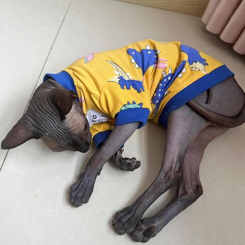 تي شيرت قطني لطيف للصيف من Sphynx بدون شعر للقطط، ملابس للحيوانات الأليفة، ياقة دائرية، قمصان للقطط (ديناصور، L (7.7-9.9 رطل)) in Kuwait