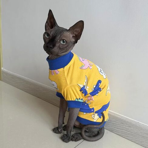 تي شيرت قطني لطيف للصيف من Sphynx بدون شعر للقطط، ملابس للحيوانات الأليفة، ياقة دائرية، قمصان للقطط (ديناصور، L (7.7-9.9 رطل)) in Kuwait