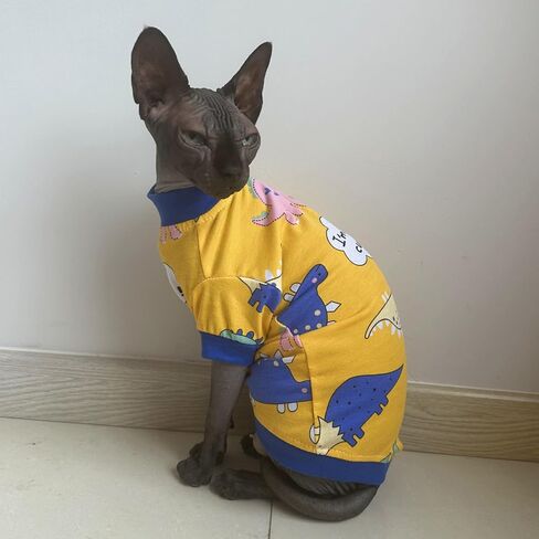 تي شيرت قطني لطيف للصيف من Sphynx بدون شعر للقطط، ملابس للحيوانات الأليفة، ياقة دائرية، قمصان للقطط (ديناصور، L (7.7-9.9 رطل)) in Kuwait