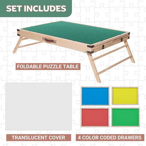 طاولة ألغاز بأرجل، طاولة ألغاز خشبية محمولة قابلة للطي مع أدراج، لوحة طاولة ألغاز قابلة للتعديل مقاس 34 × 25، مكتب حامل ألغاز قابل للقفل وقابل للطي للبالغين مع غطاء (1500-2000 قطعة) in Kuwait