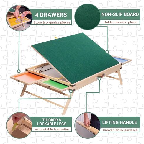 طاولة ألغاز بأرجل، طاولة ألغاز خشبية محمولة قابلة للطي مع أدراج، لوحة طاولة ألغاز قابلة للتعديل مقاس 34 × 25، مكتب حامل ألغاز قابل للقفل وقابل للطي للبالغين مع غطاء (1500-2000 قطعة) in Kuwait