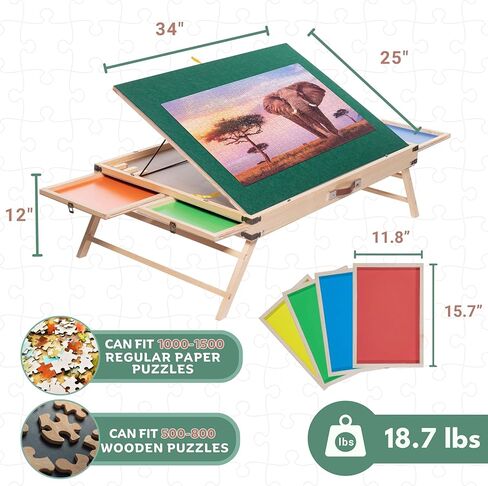 طاولة ألغاز بأرجل، طاولة ألغاز خشبية محمولة قابلة للطي مع أدراج، لوحة طاولة ألغاز قابلة للتعديل مقاس 34 × 25، مكتب حامل ألغاز قابل للقفل وقابل للطي للبالغين مع غطاء (1500-2000 قطعة) in Kuwait