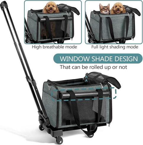 WOYYHO Shading Pet Cat Carrier with Wheels Airline Approved Rolling Pet Carrier for Small Medium Dog Cat Carrier on Wheels for Flight with Telescopic Handle and Silent Wheels, Black in Kuwait