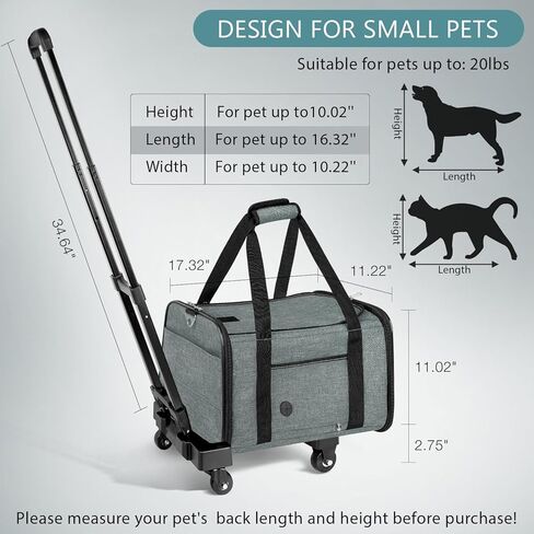 WOYYHO Shading Pet Cat Carrier with Wheels Airline Approved Rolling Pet Carrier for Small Medium Dog Cat Carrier on Wheels for Flight with Telescopic Handle and Silent Wheels, Black in Kuwait