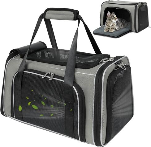 WOYYHO 20lbs 1680D Oxford Pet Cat Carrier Airline Approved Breathable Mesh Dog Travel Soft Sided Carrier for Small Medium Cat Dog Collapsible Tear Resistant Carrier for 2 Small Cats, Grey in Kuwait
