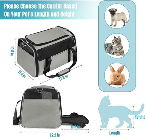 WOYYHO 20lbs 1680D Oxford Pet Cat Carrier Airline Approved Breathable Mesh Dog Travel Soft Sided Carrier for Small Medium Cat Dog Collapsible Tear Resistant Carrier for 2 Small Cats, Grey in Kuwait