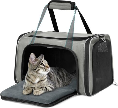 WOYYHO 20lbs 1680D Oxford Pet Cat Carrier Airline Approved Breathable Mesh Dog Travel Soft Sided Carrier for Small Medium Cat Dog Collapsible Tear Resistant Carrier for 2 Small Cats, Grey in Kuwait