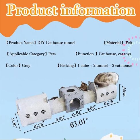 DIY Removable Cat Tunnel Bed, Large 2 Way Cat Tube Self Play, Indoor Cat Condo/Cat House Cube, Collapsible Interactive Peephole Pet Cave Toy for Cat Kitty Kitten Puppy Rabbit L 63" in Kuwait