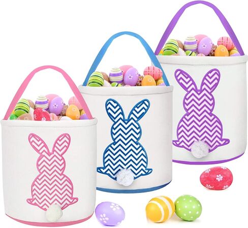 TURNMEON 3 عبوات من سلال بيض عيد الفصح للأطفال، سلال من القماش مخصصة لأرنب عيد الفصح، دلو حمل الهدايا مع ذيل أرنب رقيق للفتيات والأولاد، بيض عيد الفصح، لعبة زينة لحفلات عيد الفصح in Kuwait
