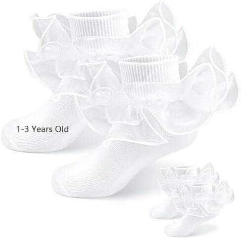 زوجان من الجوارب البيضاء للفتيات المكشكشة حتى عمر 1-3 سنوات من الجوارب الدانتيل للفتيات جوارب بيضاء مكشكشة من الدانتيل الأبيض مع دانتيل مزدوج للفتيات الصغيرات in Kuwait