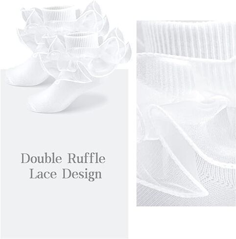 زوجان من الجوارب البيضاء للفتيات المكشكشة حتى عمر 1-3 سنوات من الجوارب الدانتيل للفتيات جوارب بيضاء مكشكشة من الدانتيل الأبيض مع دانتيل مزدوج للفتيات الصغيرات in Kuwait
