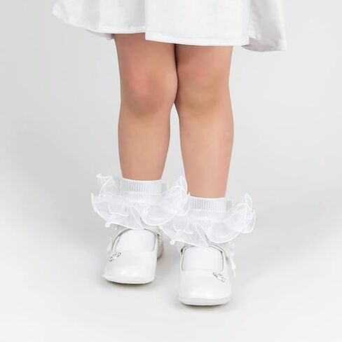 زوجان من الجوارب البيضاء للفتيات المكشكشة حتى عمر 1-3 سنوات من الجوارب الدانتيل للفتيات جوارب بيضاء مكشكشة من الدانتيل الأبيض مع دانتيل مزدوج للفتيات الصغيرات in Kuwait