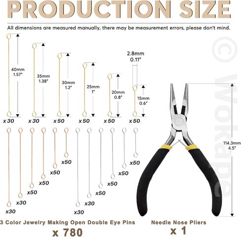781Pcs 3 Colors Double Eye Pins with Pliers, Stainless Steel Wire Head Pins Double-end Loops Eyepins for DIY Jewelry Findings Making in Saudi Arabia