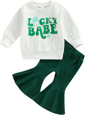 Baby Girl St. Patricks Day Outfit Lucky Babe Long Sleeve Crewneck Sweatshirt Flared Pants 2Pcs Set in Saudi Arabia