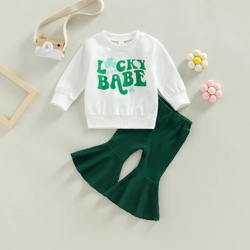 Baby Girl St. Patricks Day Outfit Lucky Babe Long Sleeve Crewneck Sweatshirt Flared Pants 2Pcs Set in Saudi Arabia