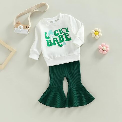 Baby Girl St. Patricks Day Outfit Lucky Babe Long Sleeve Crewneck Sweatshirt Flared Pants 2Pcs Set in Saudi Arabia