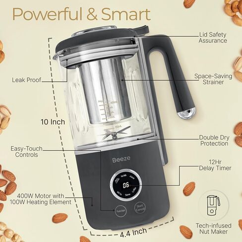 BEEZE Automatic Nut Milk Maker Machine - Make Almond, Soy, Oat, Cashew, Coconut Milk - Glass Blender, Built In Strainer, Smart Touch, 12-Hour Delay Timer in Saudi Arabia