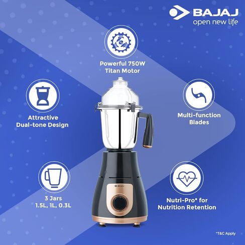 باجاج GX-3701 خلاط مطحنة 750 واط مع خاصية نوتري برو، 3 مرطبانات، أسود in Saudi Arabia