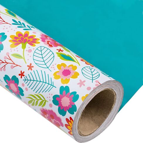 LeZakaa Reversible Floral Wrapping Paper Jumbo Roll - Flower in Blue & White Dot in Pink - 24 inches x 100 Feet (200 sq.ft.) in Saudi Arabia