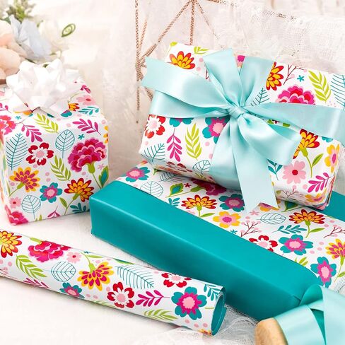 LeZakaa Reversible Floral Wrapping Paper Jumbo Roll - Flower in Blue & White Dot in Pink - 24 inches x 100 Feet (200 sq.ft.) in Saudi Arabia