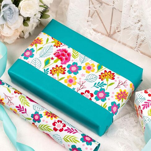 LeZakaa Reversible Floral Wrapping Paper Jumbo Roll - Flower in Blue & White Dot in Pink - 24 inches x 100 Feet (200 sq.ft.) in Saudi Arabia
