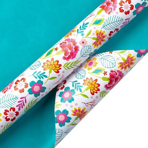 LeZakaa Reversible Floral Wrapping Paper Jumbo Roll - Flower in Blue & White Dot in Pink - 24 inches x 100 Feet (200 sq.ft.) in Saudi Arabia