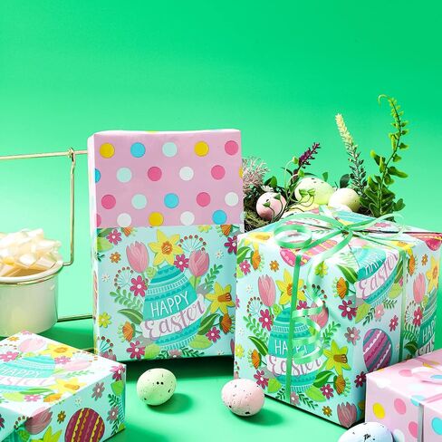 LeZakaa Reversible Floral Wrapping Paper Jumbo Roll - Flower in Blue & White Dot in Pink - 24 inches x 100 Feet (200 sq.ft.) in Saudi Arabia