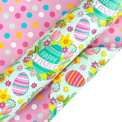 LeZakaa Reversible Floral Wrapping Paper Jumbo Roll - Flower in Blue & White Dot in Pink - 24 inches x 100 Feet (200 sq.ft.) in Saudi Arabia