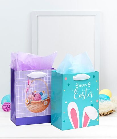 4 أكياس هدايا عيد الفصح من Nihuecne مع مناديل ورقية، أكياس هدايا متوسطة الحجم مقاس 9 بوصات مع مقابض لتغليف هدايا عيد الفصح، 4 تصميمات in Kuwait