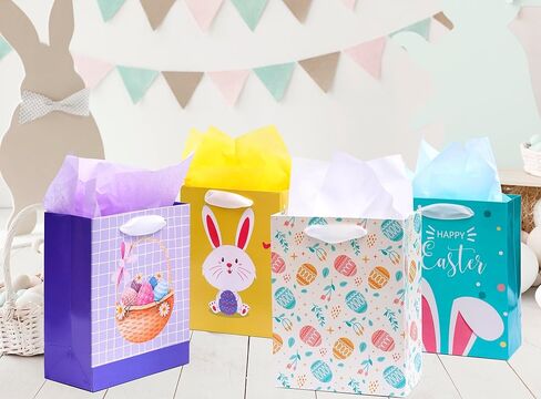 4 أكياس هدايا عيد الفصح من Nihuecne مع مناديل ورقية، أكياس هدايا متوسطة الحجم مقاس 9 بوصات مع مقابض لتغليف هدايا عيد الفصح، 4 تصميمات in Kuwait