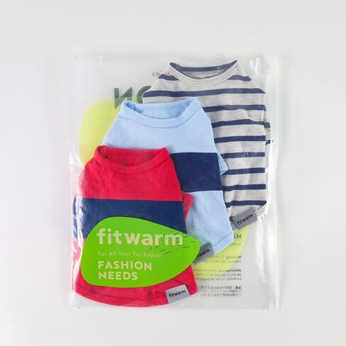 Fitwarm 3 قطع من قمصان الكلاب المخططة ذات الألوان المتعددة، ملابس صيفية للكلاب الصغيرة، تي شيرت خفيف الوزن يسمح بمرور الهواء للحيوانات الأليفة بأكمام، زي للقطط، أزرق ملكي، رمادي، أزرق مخضر، متوسط in Kuwait