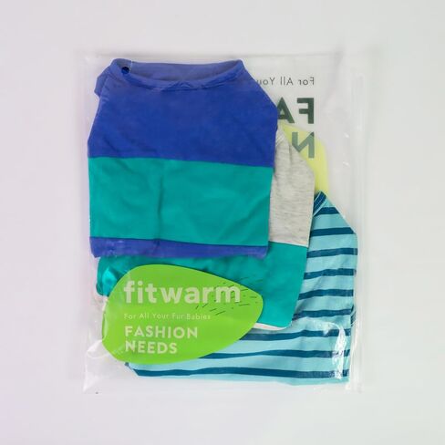 Fitwarm 3 قطع من قمصان الكلاب المخططة ذات الألوان المتعددة، ملابس صيفية للكلاب الصغيرة، تي شيرت خفيف الوزن يسمح بمرور الهواء للحيوانات الأليفة بأكمام، زي للقطط، أزرق ملكي، رمادي، أزرق مخضر، متوسط in Kuwait