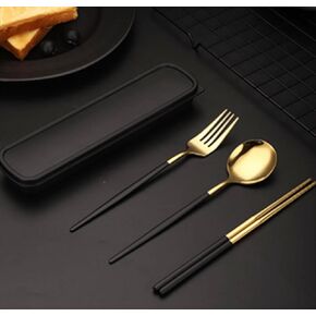 Black and gold Cutlery set with cases stainless steel flatware set, portable reusable cutlery set, travel utensils set including chopstick, fork, spoon and case, square