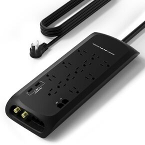 شريط طاقة Oviitech مزود بـ 12 منفذًا للحماية من زيادة التيار مع منفذي شحن USB (إجمالي 4.8 أمبير، 4200 جول مع سلك تمديد عالي التحمل بطول 6 أقدام، أسود، مدرج في قائمة ETL.