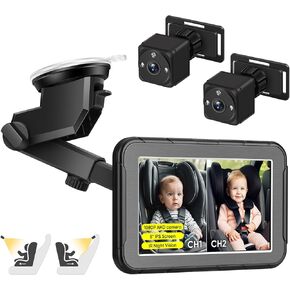 Baby Car Mirror, 1080P HD with 2 IR Night Vision Camera, 5 inch Dual-Channel Split Screen Display Car Mirror, 360° Adjustable Clear Car Baby Mirror Camera for Rear Facing Seat Backseat, Easy Install