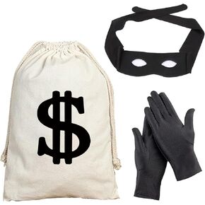 NUMJAW Robber Costume Adult Thief Costume Bank Robber Costume Women Men,Creations Halloween Cosplay Party Prop Bandit Costume Burglar Costume Women,Robber Mask/Burglar Mask Gloves Money Bag Costume