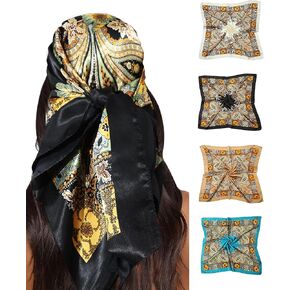 Molans 4Pcs Silk Satin Square Headscarf - 35 Inches Large Hair Bandana Head Kerchief Fashion Pattern Hair Scarves for Women