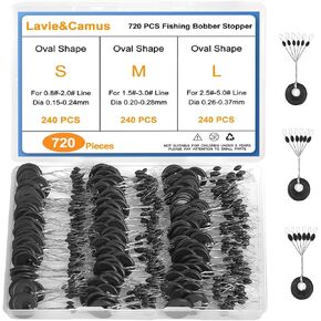 Lavie&Camus 720PCS Fishing Bobber Stopper, Oval Floats Sinker Stops, 6 in 1 Black Rubber Bobber Stops, L M S Size Float Stop Kit