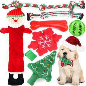 Christmas Dog Toys 8 Pack, Santa Squeaky Plush Chew Toys for Puppy, Durable Interactive Rope Toys for Teething, Treating Ball and Bone Rubber Toys for Small Dogs
