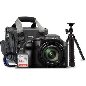 Panasonic LUMIX FZ80 4K Long Zoom Digital Camera (18.1 MP, 60X, 20-1200mm Lens, Black) Bundle with 64 GB Memory Card, Camera System Gadget Bag with Photography Gadget Bag, Tripod, and Cable (5 Items)