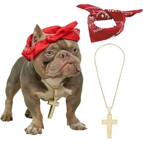 2 Pack Dog Costume Set, Gold Plated Dog Chain Cross Collar and Headband for Dogs Square Bandana Head Scarf Head Cover Puppy, Cool Funny Party Cosplay Birthday Photo Props for Medium Large Dogs(Red)