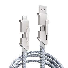 4 in 1 USB C Charging Cable,60W [Fast Charging & Data Sync] Flat Braided Anti-Tangle Charger Cord,Multi Charging Cable with Lightning/Type C/USB A Ports(100CM/Light Gray)