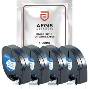 Aegis Adhesives - 4-Pack Label Tape Replacement for DYMO LetraTag Refills 91331 | 1/2" x 13' 12mm x 4m Black Print on White Plastic Label Tape | Compatible with DYMO Letra Tag LT-100H Plus Printer