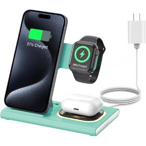 محطة شحن قابلة للطي 3 في 1 لمنتجات Apple، شاحن لاسلكي سريع ومحول وإضاءة لهاتف iPhone 15/14/13/12/11/X/XS/XR 8، لـ iWatch Ultra2/9/Ultra/8/7/6/SE لسماعات اير بودز 3/2/برو/2 (أخضر)