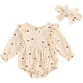 Newborn Baby Girl Halloween Pumpkin Bubble Romper Long Sleeve Ruffle Bodysuit Jumpsuit + Headband Casual Clothes