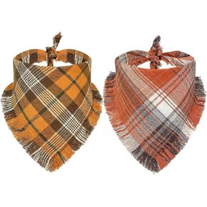 Fall Dog Bandana Thanksgiving Plaid Flannel Holiday Scarf with Tassels 2 Pack,Double Reversible Autumn Dog Drool Bib Thanksgiving Bandanas for Puppy Large Dogs Pet Outfit Accessories(Orange)