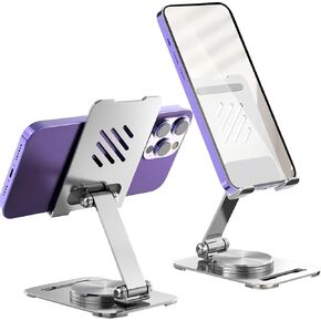 Cell Phone Stand for Desk,360 Degree Rotation Aluminum Phone Holder,Foldable Mobile Phone Stand for iPad Pro/Air/Mini,iPhone,4-10 inch Phone and Tablets（Silver）